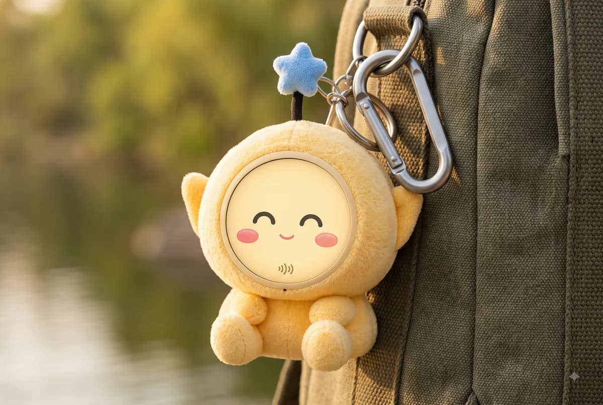 Kkumdori keyring clipped to a backpack